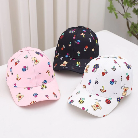 Kids Cartoon Mushroom Bear Print Baseball Cap Adjustable Outdoor Sun Hat For Boys Girls Toddler Breathable Duck Tongue Hat