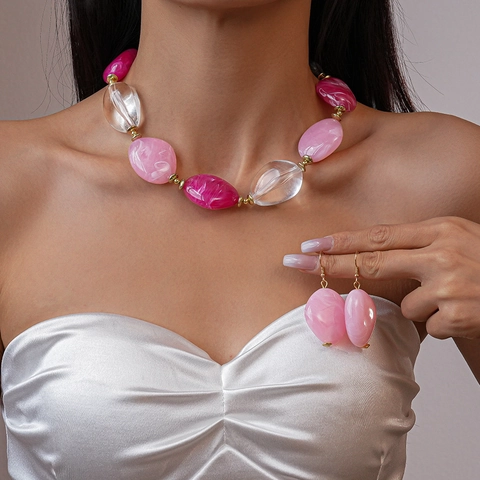Collar De Cuentas De Acrílico Grueso Jaspeado Ovalado Irregular Resina Joyas De Moda Para Mujeres Rosa Transparente