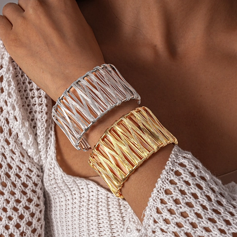 Intertwined Wire Cuff Bracelet Hollow Out Geometric Metal Bangle Wide Adjustable Open Jewelry For Women Minimalist Style