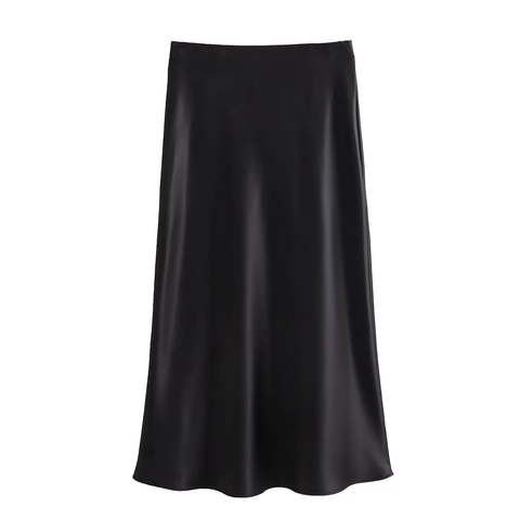 Elegant French Style Satin Texture High Waisted Long Midi Skirt For Women Summer Solid Color Silky Straight Skirt