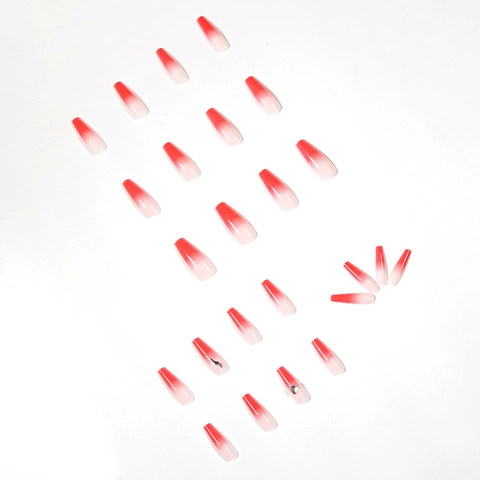 Press On Nails Pfirsichrosa Farbverlauf Ombre Coffin Lang Glänzend Künstliche Nägel Mit Herz Strass Dekor Für Frauen