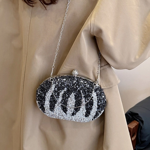 Luxury Shell Rhinestone Evening Clutch Bag For Women Handmade Pumpkin Box Shoulder Bag With Metal Handle Chain Strap Party Handbag