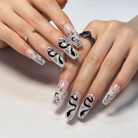 Coffin Press On Nails Long Trapezoid Fake Nails Black Snake Star Moon Pattern Milk White Gradient Artificial Nail Tips Rhinestones