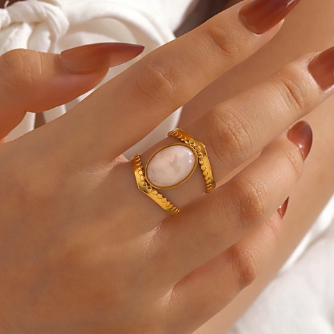 Pink Oval Stone Stainless Steel Adjustable Ring 18K Gold Plated Beaded Double Layered Fashion Jewelry For Women