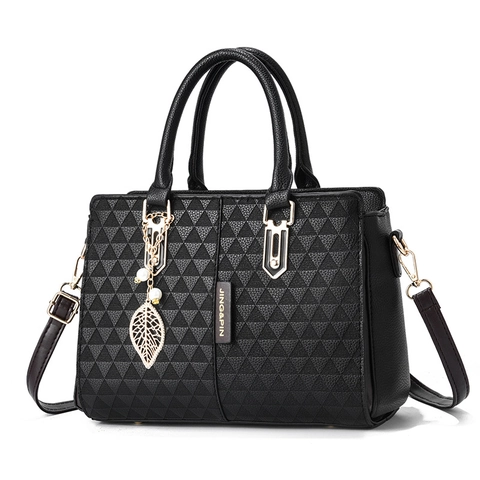 Women Fashion PU Leather Handbag Geometric Embossed Shoulder Bag With Metal Leaf Pendant Large Capacity Top Handle Bag