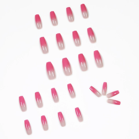 Uñas Postizas Largas Coffin Degradado Rosa Baya Brillante Cobertura Total Para Mujer