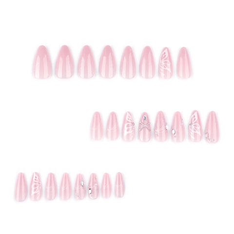 Press On Nails Mandelform Cat Eye Funkelnd Nude Pink Glänzend Schmetterling Strass Künstliche Perle Maniküre Für Frauen
