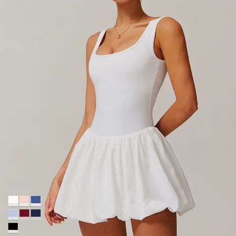 Women Athletic Dress Integrated Shorts Polyester Spandex Square Neck Sleeveless Bubble Hem For Tennis Running Gym