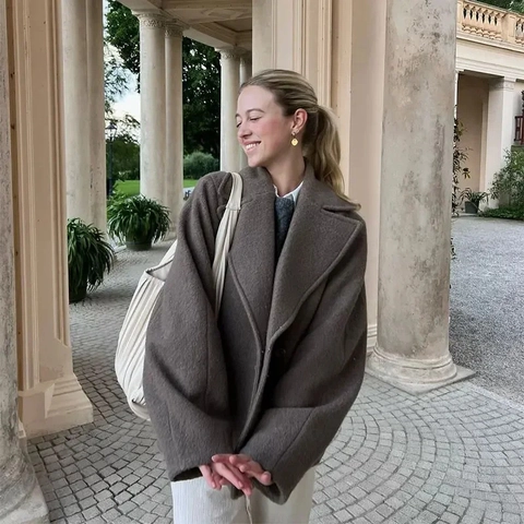 Women Short Woolen Feel Jacket Double Breasted Lapel Collar Long Sleeve Oversized Solid Color Retro Elegant Coat