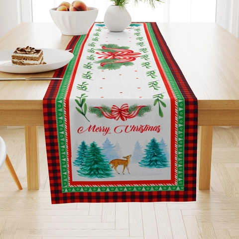Chemin De Table De Noël Tissu En Lin Carreaux Buffalo Imprimé Père Noël Dessin Animé Décor De Table À Manger Rustique