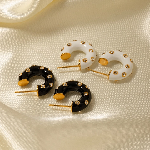 Pendientes De Aro De Esmalte En Forma De C Acero Inoxidable Con Diamantes De Imitación Estilo Vintage Francés Joyería Para Mujer