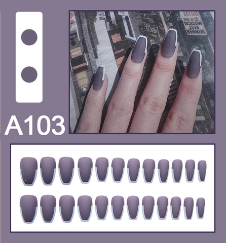 Matte Purple Press On Nails Long Coffin Shape With White Border French Style Artificial Fingernails Removable Waterproof