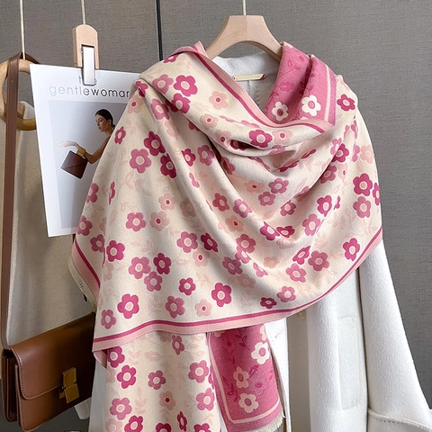 Floral Print Scarf Imitation Cashmere Warm Winter Large Shawl Wrap With Tassels Vintage For Women
