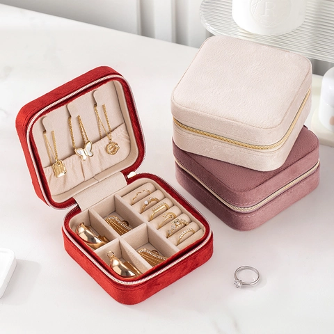 Mini Jewelry Organizer Box Plush Velvet Portable Travel Case For Necklaces Earrings Rings With Metal Zipper Square Small