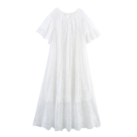 Elegante Abito Lungo In Pizzo Bianco E Mesh Retrò Francese Dolce Girocollo Maniche Corte Ricamo Abito Lungo Da Fata