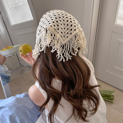 Bandana All'Uncinetto Foulard Triangolo Maglia Traforata Fascia Capelli Con Nappine Accessori Per Capelli Boho Donna