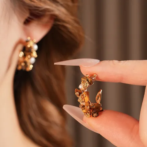 Orecchini A C Vintage Con Occhio Di Tigre Perla Artificial E Fiore Gioielli In Rame Per Donna Perno In Argento