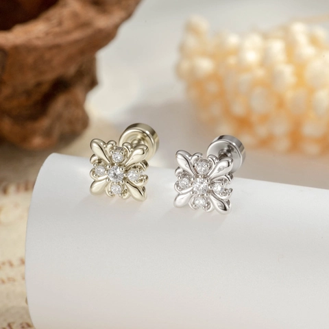 Vintage Iris Flower Ear Cartilage Stud Earrings Stainless Steel Screw Back Zircon Inlaid Piercing Jewelry For Women