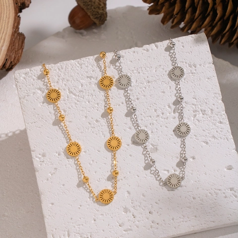 Bracelet À Charme Soleil Acier Inoxydable Plaqué Or 18K Disque Solaire Évidé Perles Chaîne Réglable Bijoux Femmes