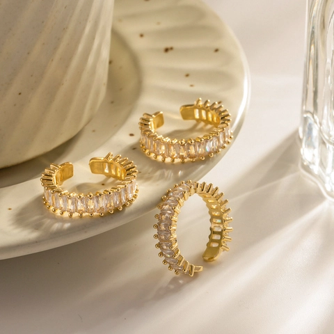 18K Vergoldeter Kupferring Verstellbar Baguette Zirkonia Offenes Band Minimalistisch Ins Stil Schmuck Für Damen