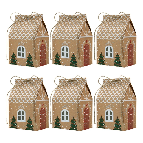 Christmas Gingerbread House Gift Boxes Kraft Paper Candy Packaging With Jute Rope For Holiday Party Festive Decor Brown