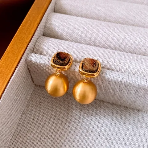 Vintage Copper Dangle Earrings With 925 Sterling Silver Earring Post Square Leopard Print Faux Pony Hair Matte Gold Ball