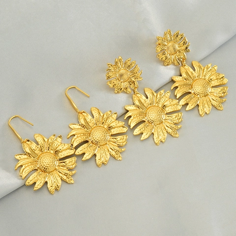 Sunflower Drop Earrings For Women 18K Gold Plated Stainless Steel Hammered Texture Vintage Retro Floral Ear Jewelry