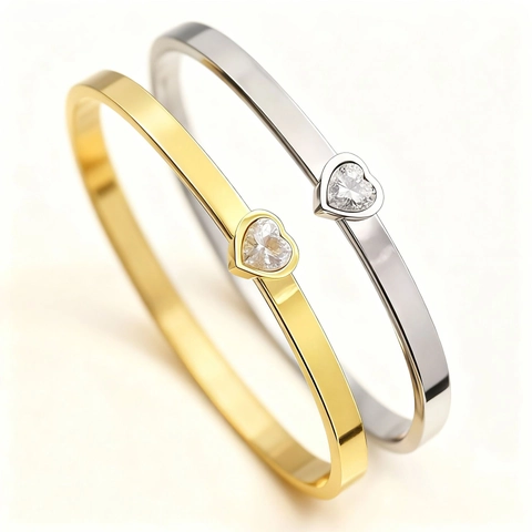 Bracelet Jonc en Acier Inoxydable avec Strass en Coeur Bracelet en Métal Poli Minimaliste pour Femmes Hommes Bijoux
