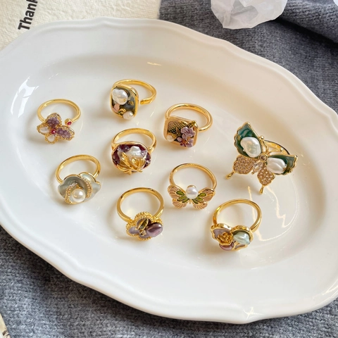 French Vintage Adjustable Open Rings Copper 18K Gold Plated Freshwater Pearl Enamel Butterfly Flower Romantic Jewelry For Women