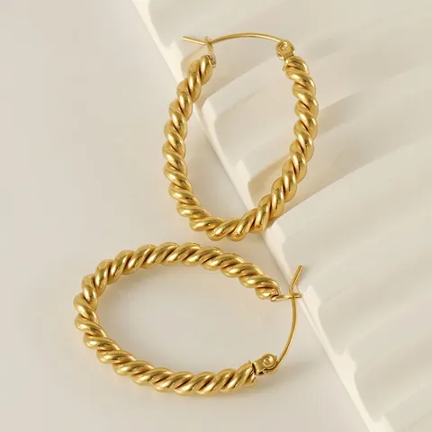 Gedrehte Seil Oval Creolen 18K Vergoldet Edelstahl Vintage Texturierte Geometrische Schmuck Für Frauen