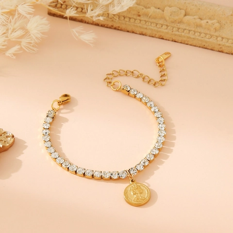 Bracelet Tennis En Acier Inoxydable Strass Étincelants Croix Trèfle À Quatre Feuilles Pendentif Pièce Bijoux Réglables Unisexes
