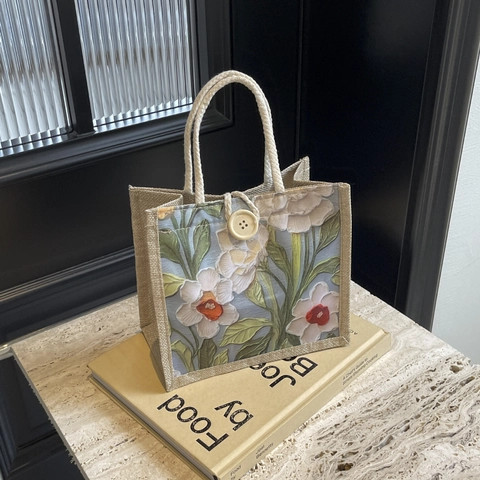Damen Leinwand Tragetasche Blumendruck Retro Jute Stil Handtasche Japanische Lunchbox Tasche Kleine Quadratische Handtasche Mit Holzknopf