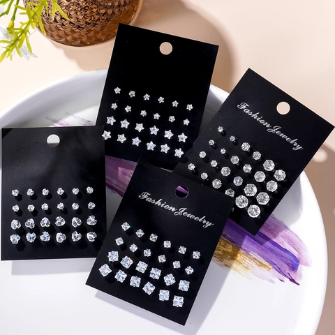 Vintage Geometric Heart Round Square Star Stud Earrings Brass Zirconia With Stainless Steel Earring Post For Women