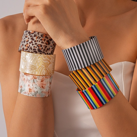 Brede Open Manchet Armband Acryl Acetaat Armband Gestreept Luipaard Marmer Patroon Oversized Trendy Retro Mode Sieraden