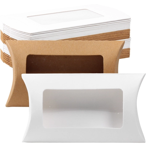 Pillow Gift Boxes Kraft Paper Candy Box With Clear Window For Wedding Party Favor Packaging Jewelry Display