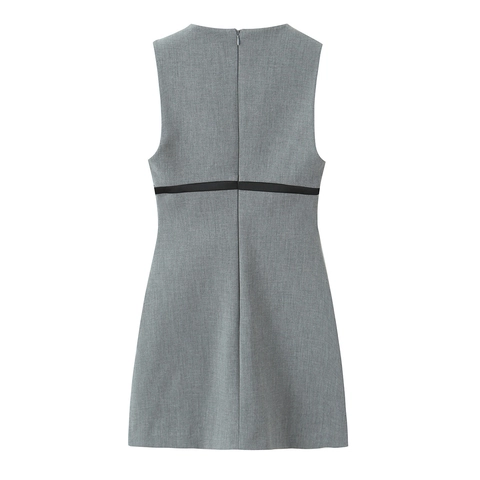 Women Sleeveless Round Neck Mini Dress Polyester Woven Fabric With Black Satin Bow High Waist Elegant Party Dress Gray