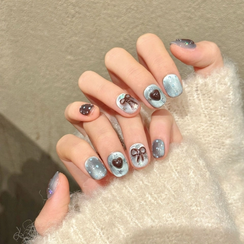 Uñas Postizas Hechas A Mano Ojo De Gato Azul Marrón 3D Lazo Corazón Cortas Redondas Cuadradas Dulces Uñas Artificiales