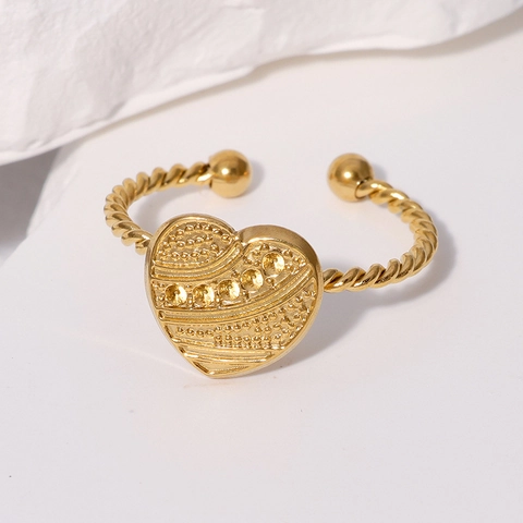 Anillo Abierto De Acero Inoxidable Con Forma De Corazón Textura Martillada Cuerda Trenzada Ajustable Para Mujer Oro 18K