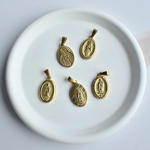Collana Pendente Moneta Ovale Vergine Maria Guadalupe Santa Genevieve Acciaio Inossidabile Placcato Oro Gioielli Vintage