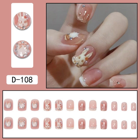 Unghie Finte Press On Carino Coniglio 3D Perla Artificial Strass Fiocco Rosa Lucido Stile Francese Per Donne