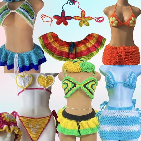 Handmade Crochet Bikini Top And Mini Skirt Beach Cover Up Hollow Out Knit Swimsuit Bohemian Stripes Vacation Outfit Women