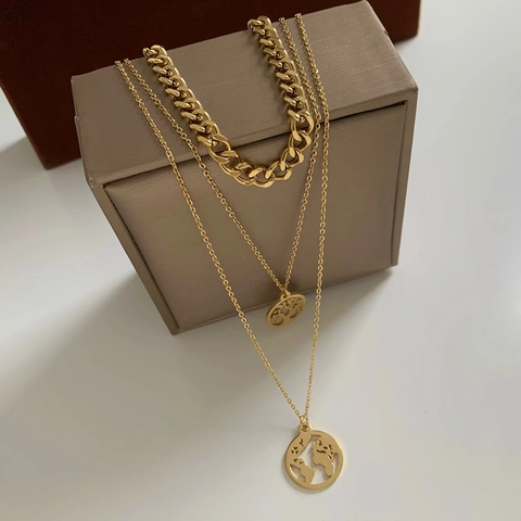 Collana Multi Strato In Acciaio Inossidabile Con Ciondoli Albero Della Vita E Mappa Del Mondo Gioielli Per Donna