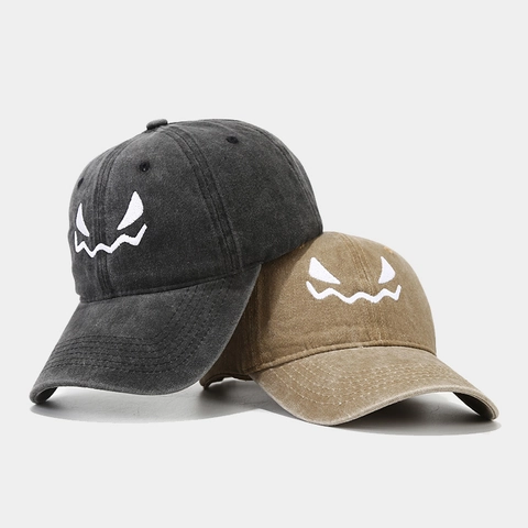 Funny Halloween Monster Face Embroidery Washed Cotton Baseball Cap Distressed Retro Peaked Hat Adjustable For Men Women