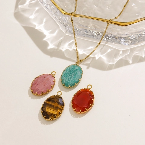 Collana Con Pendente In Pietra Naturale Ovale In Acciaio Inossidabile Gioielli Eleganti Placcati Oro Per Donna