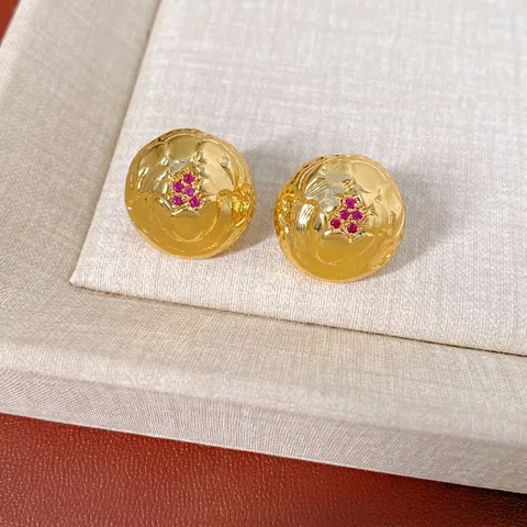 Runde Hammerschlag Ohrstecker 18K Vergoldetes Kupfer Roter Zirkon Silberner Ohrringstift Vintage Elegante Juwelen Für Damen