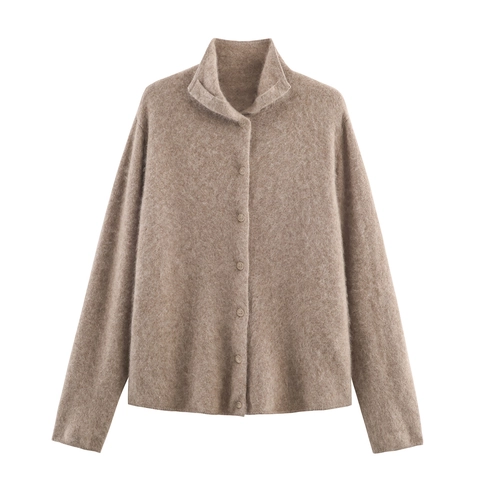 Women Knit Cardigan Wool Blend Fuzzy Hairy Texture Stand Collar Button Down Casual Solid Fashion Long Sleeve Sweater