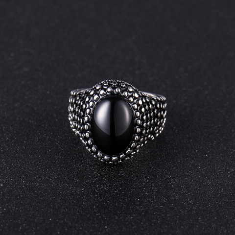 Vintage Men Ring Stainless Steel With Oval Black Gemstone Retro Carved Beaded Texture Punk Biker Jewelry