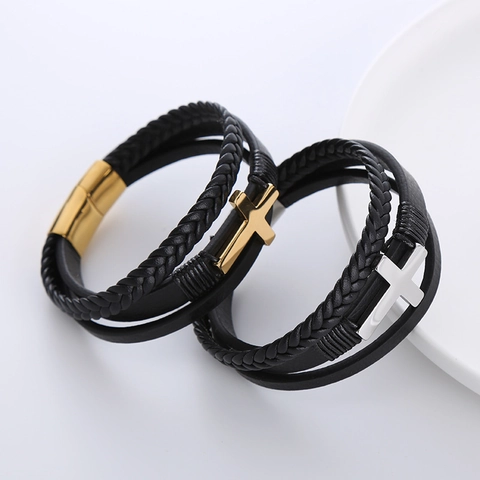 Bracciale Da Uomo In Pelle Intrecciata Multistrato Con Croce In Acciaio Inossidabile 304 Chiusura Magnetica Stile Punk