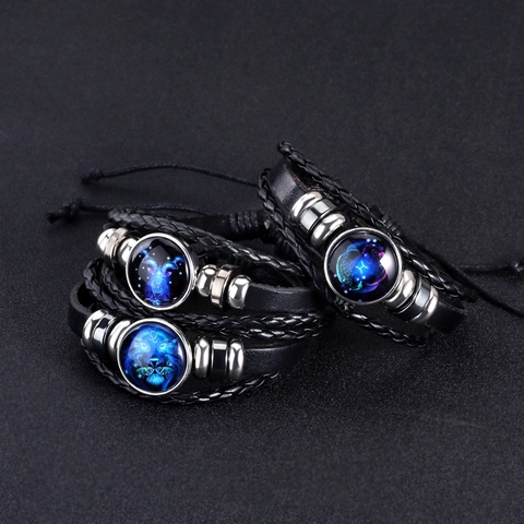 Pulsera Constelación Zodíaco Cuero Trenzado Multicapa Luminoso Brillo Nocturno Vidrio Cabujón Amuleto Ajustable Unisex