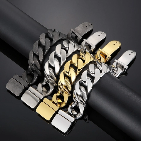 Bracciale A Catena Cubana Pesante Da Uomo Acciaio Inossidabile 316L Retro Industriale Catena Punk Con Fibbia